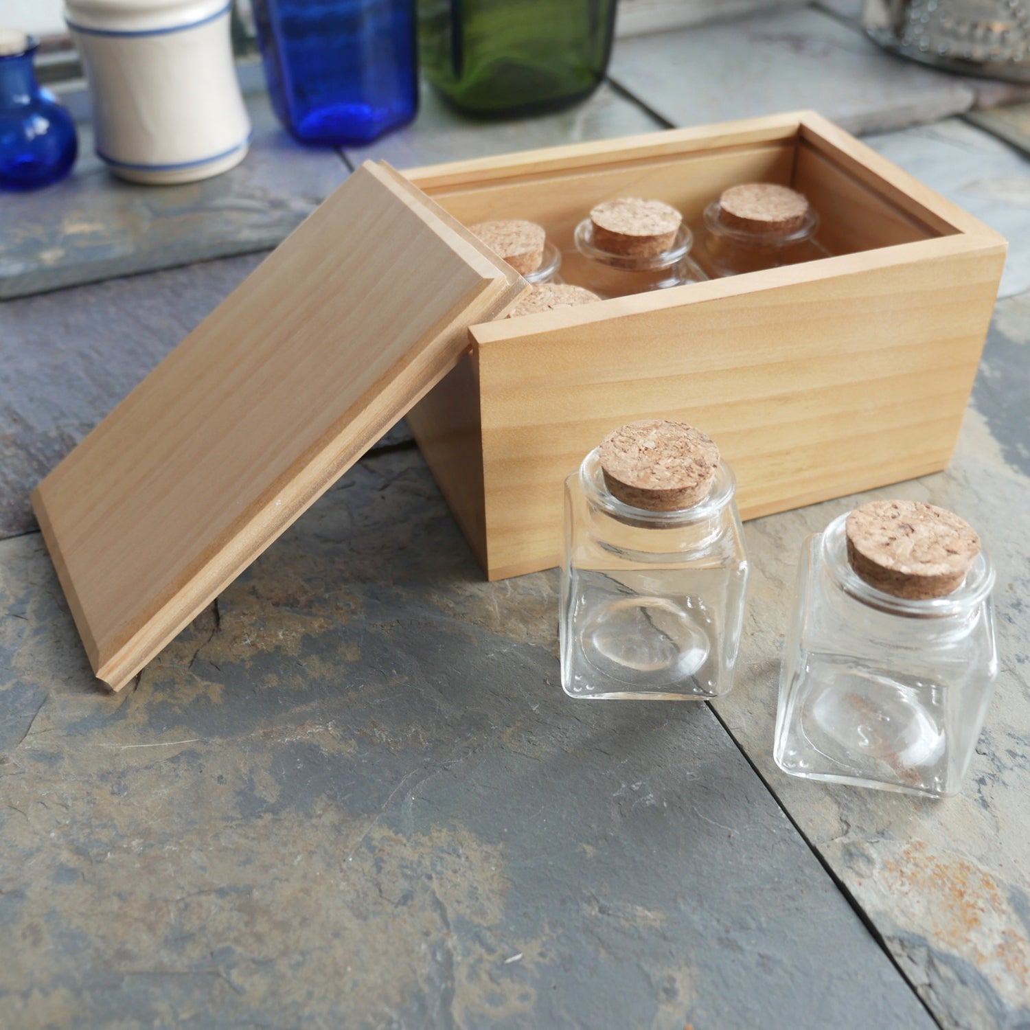 Large Wooden Box with Bottles 4 Large Wooden Box with Bottles