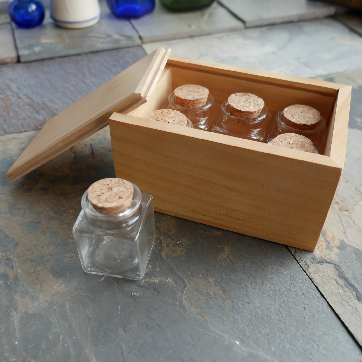 Large Wooden Box with Bottles 9 Large Wooden Box with Bottles