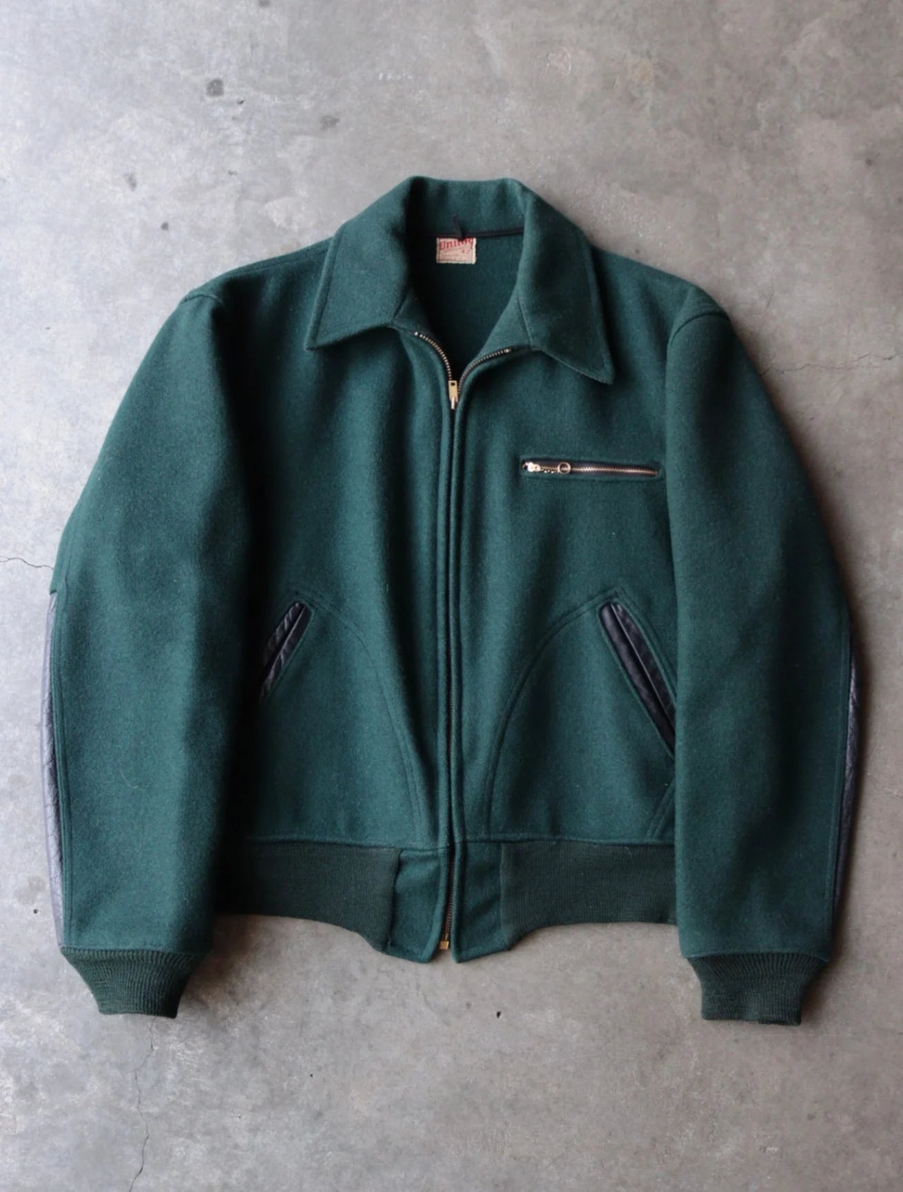1940S UNITOG GREEN WOOL LEATHER LINED WORK JACKET