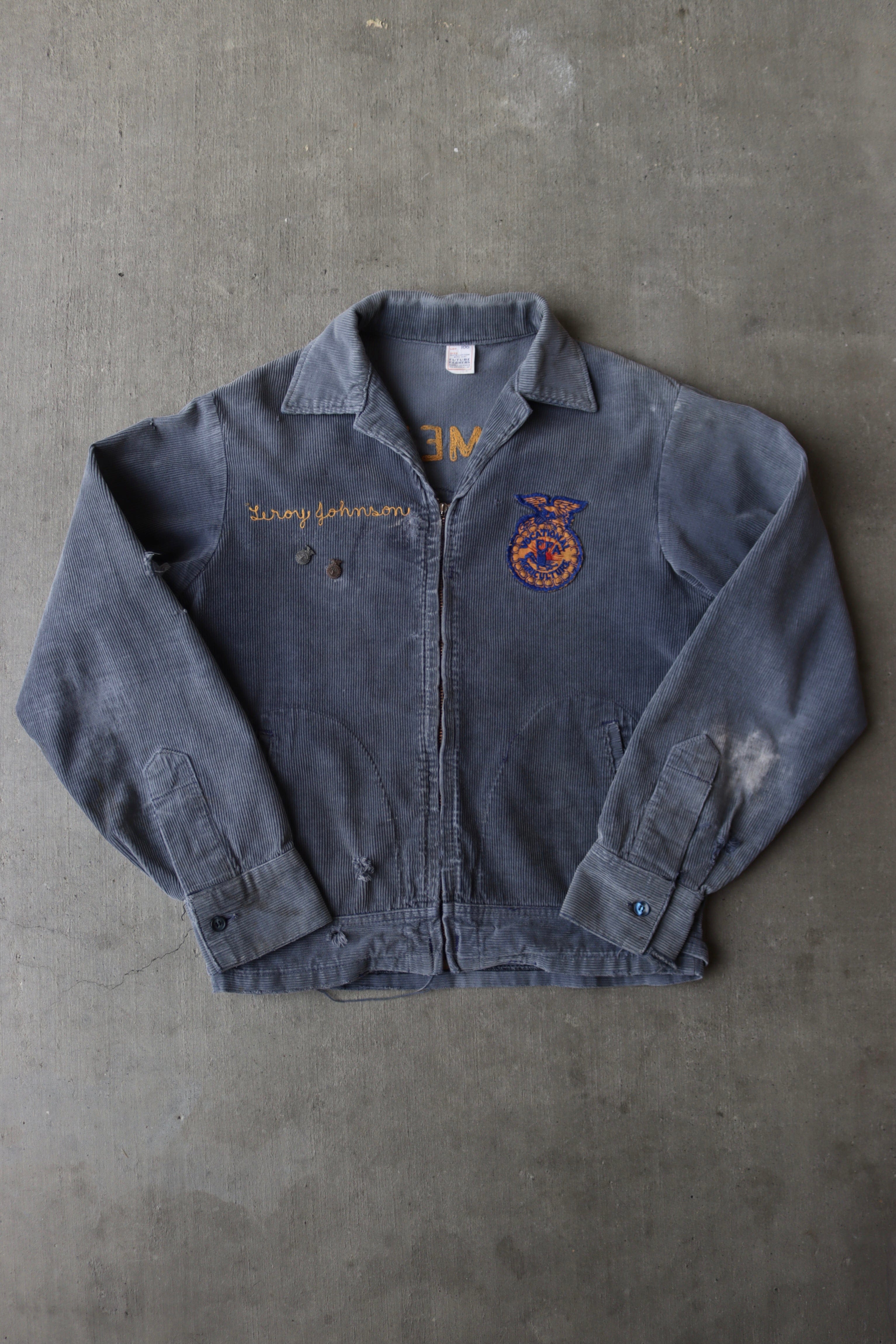 1950s Faded & Repaired Fatigue Blue FFA Chainstitch Jacket - M/L