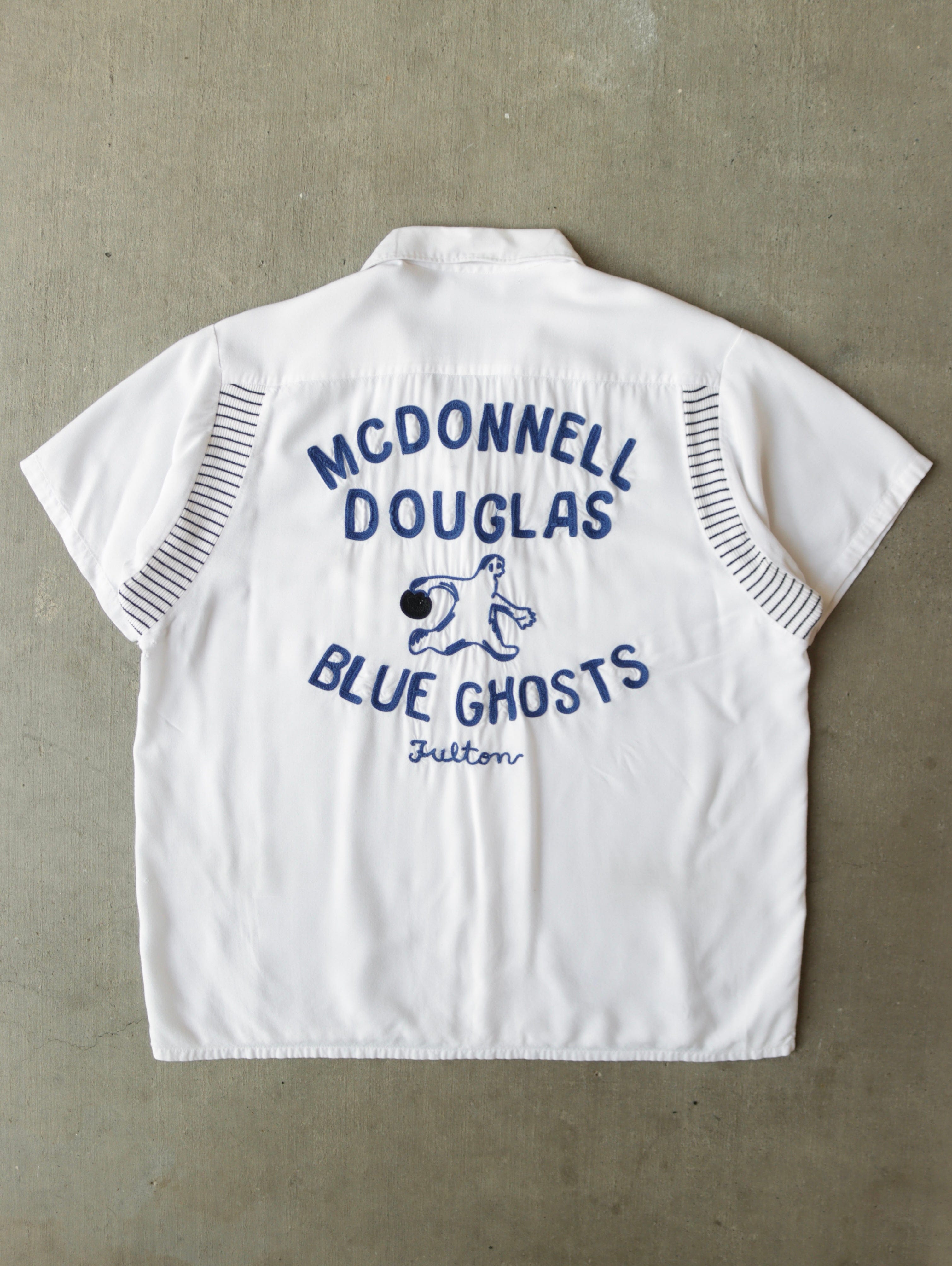 1960S 'BLUE GHOSTS' RAYON CHAINSTITCH BOWLING SHIRT - M