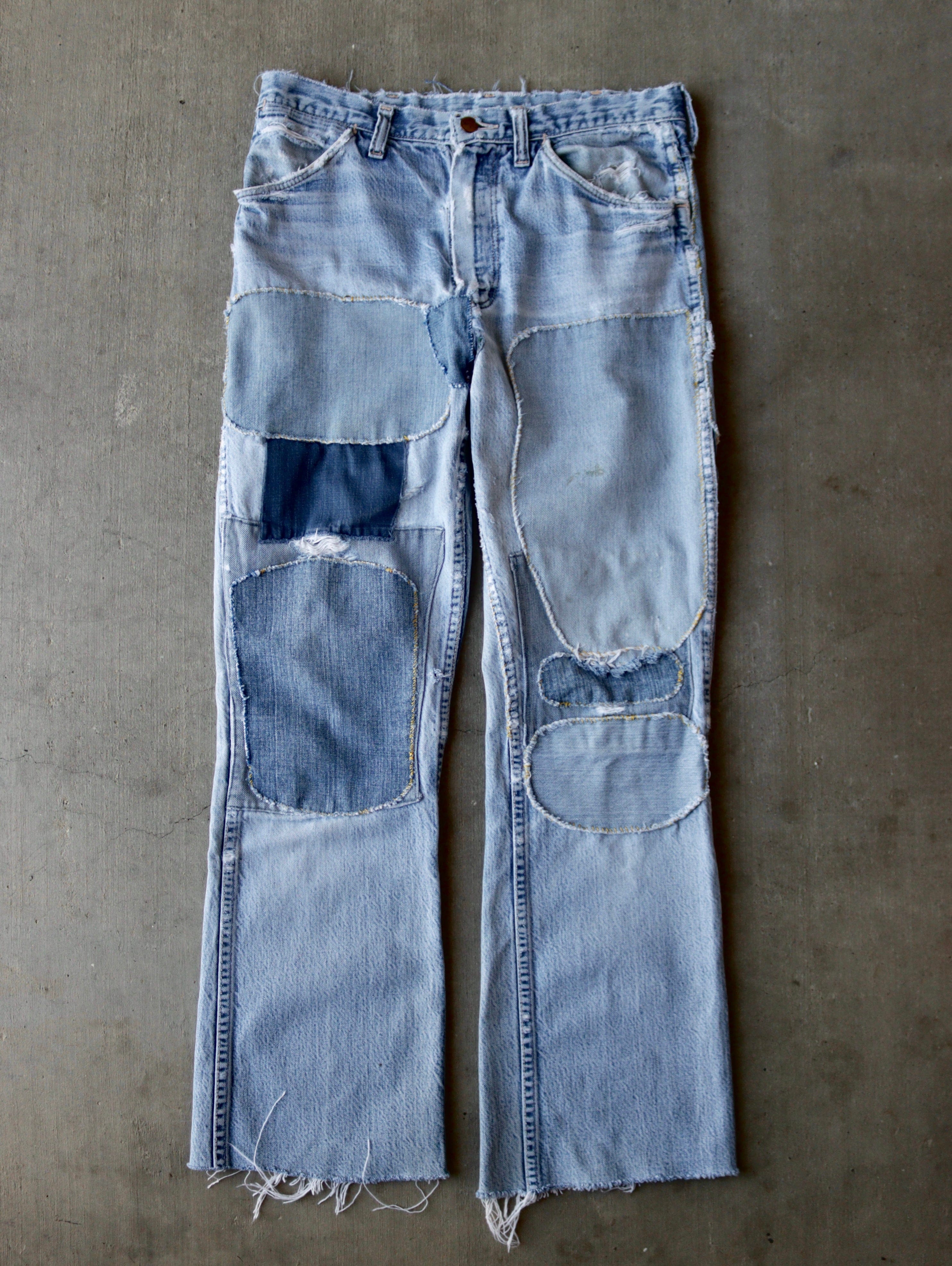 1970s Wrangler Frankenstein Patchwork Patchwork Denim Flare Pants - 30 1 1970s Wrangler Frankenstein Patchwork Patchwork Denim Flare Pants - 30