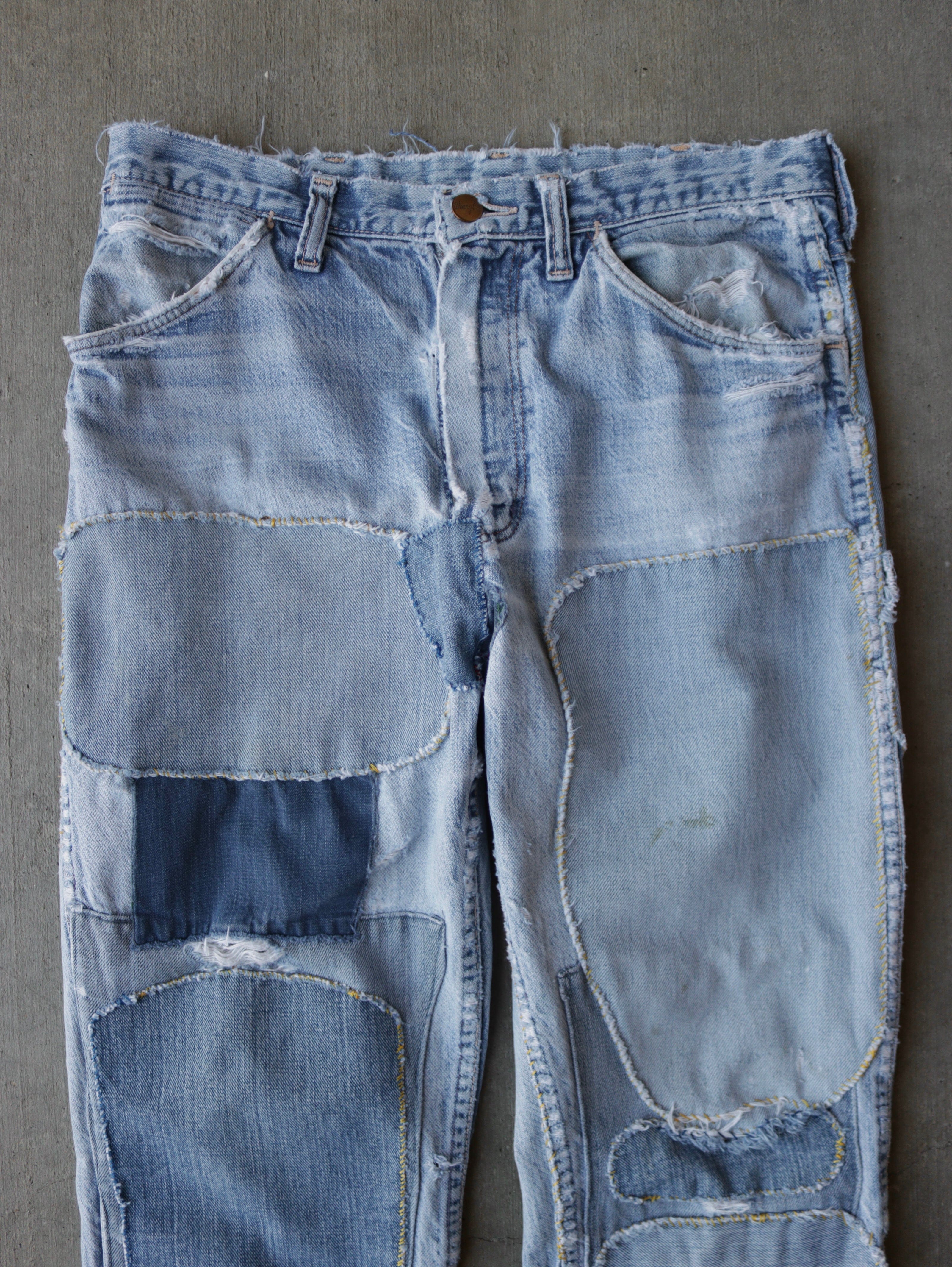 1970s Wrangler Frankenstein Patchwork Patchwork Denim Flare Pants - 30 4 1970s Wrangler Frankenstein Patchwork Patchwork Denim Flare Pants - 30