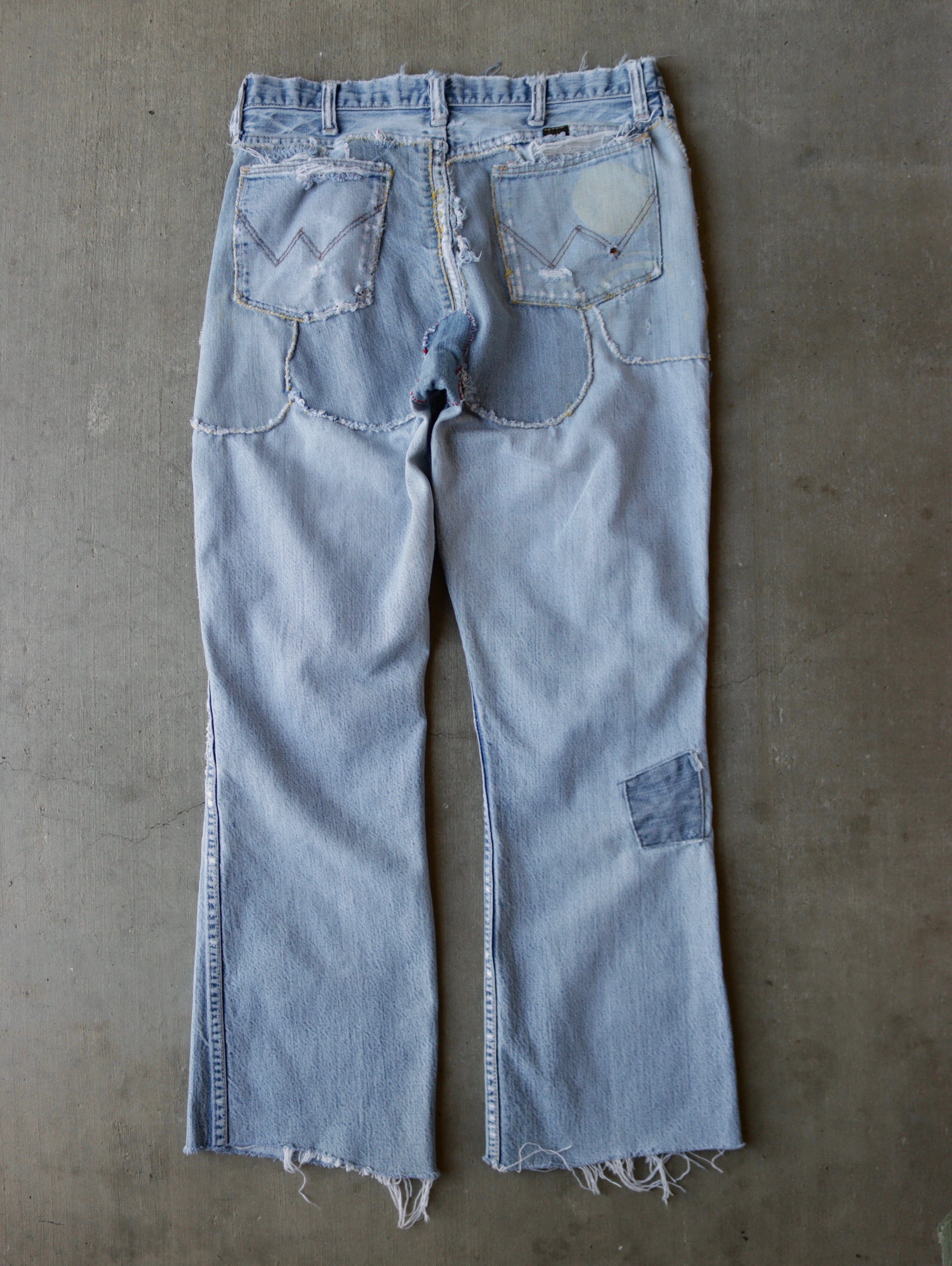 1970s Wrangler Frankenstein Patchwork Patchwork Denim Flare Pants - 30 7 1970s Wrangler Frankenstein Patchwork Patchwork Denim Flare Pants - 30